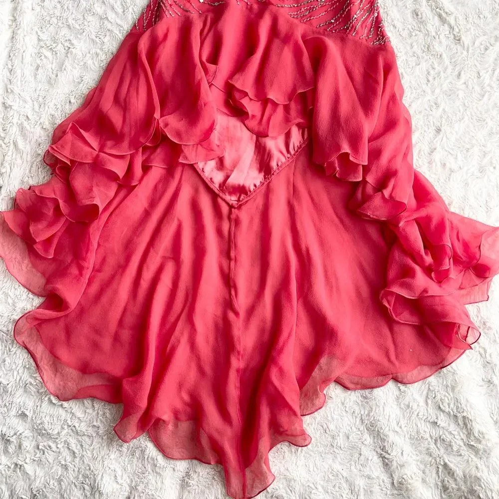 Scala prom dress coral pink 100% silk ruffle hem slip gown beaded sequin‎ formal